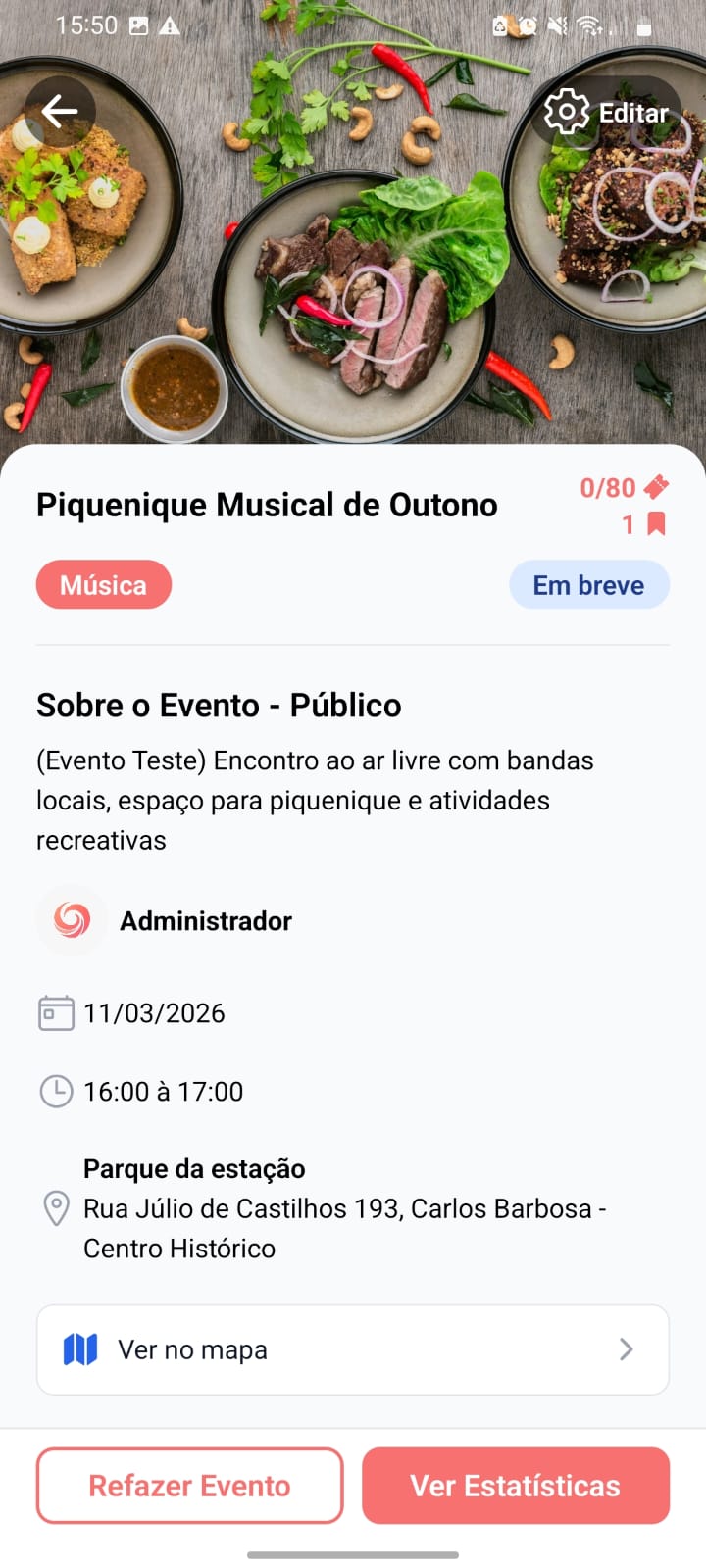 Tela de evento do app Envolta